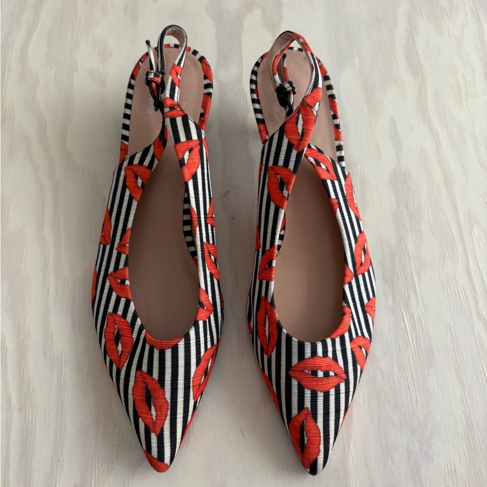 Stuart Weitzman Kitten Heel Slingback Shoes Black & White Stripes w/ Orange Lips